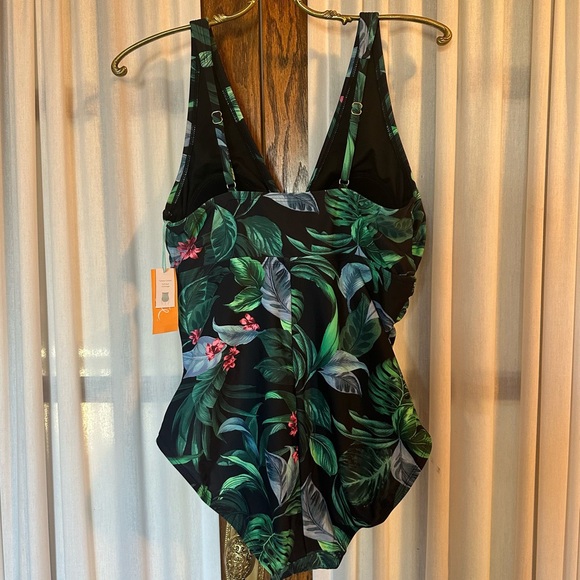 Kona Sol Black Tropical Palm One-Piece Swimsuit - Picture 3 of 11